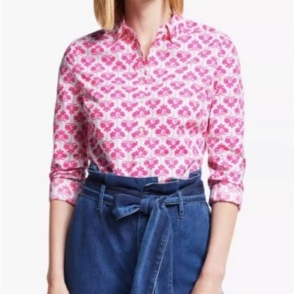 Boden Pink/White Floral Patterned Cotton Button-Up Shirt